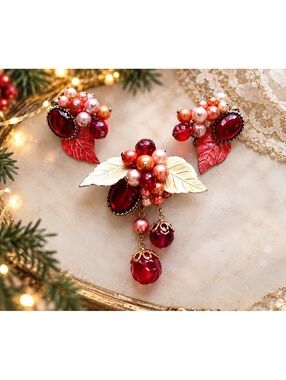Vintage LERU Fruit Salad Brooch & Clip On Earrings Set Red Glass Faux Pearl 1950